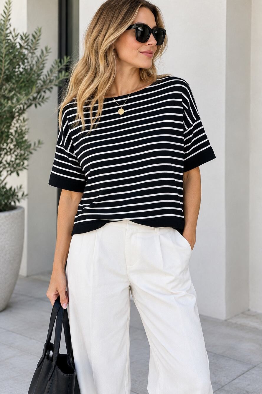Lafayette 148 New York Striped Short Sleeve Top Black White Womens S